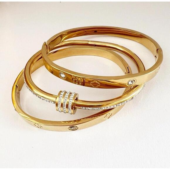 18K Gold Plated Rhinestones Bangle Stainless Steel Bracelet Womens Jewelry Gift - Picture 6 of 8